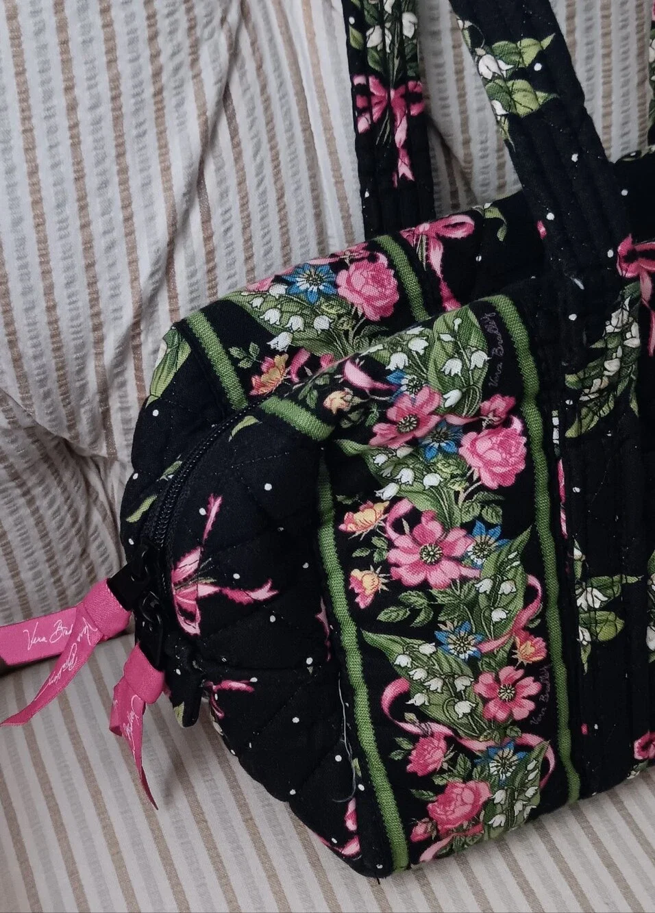 Quilted Floral Mini Tote Bag in Black and Pink